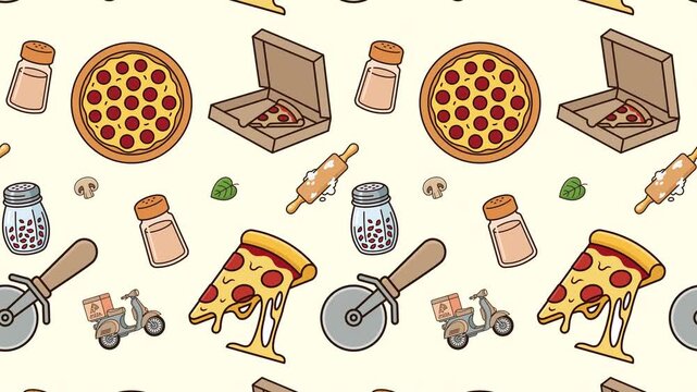 Seamless looping diagonal scroll animation of pizza and fast food delivery pattern