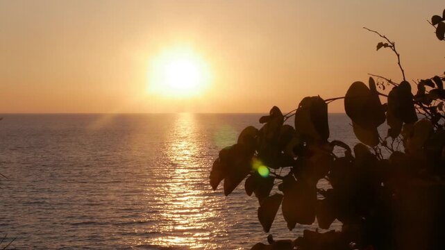 Beautiful Red Sunset on the Sea. Summer Tropical Sunset Sea View. Beautiful Seascape, Red Dusk on the Ocean.