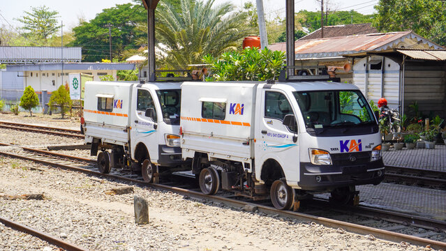 Track inspection vehicles (Kendaraan Pemeriksa Jalur Rel / KPJ) of Kereta Api Indonesia (KAI) stopped on the railway track at historic Gundih Station in Grobogan, Central Java, Indonesia.