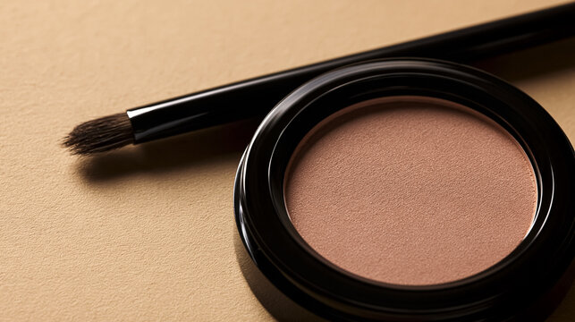 Face powder compact and fluffy brush on a neutral background, minimalist beauty still life highlighting makeup essentials and soft texture