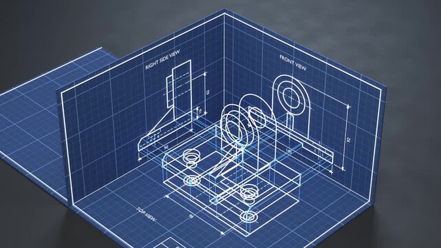 Orthographic engineering drawing folds into an isometric mechanical part, 3D animation for CAD design and digital prototyping