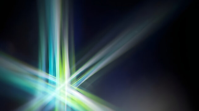 Abstract digital artwork featuring radiant beams of cyan, green, and white light bursting from a central focal point against a deep black background, creating a futuristic and energetic mood ideal