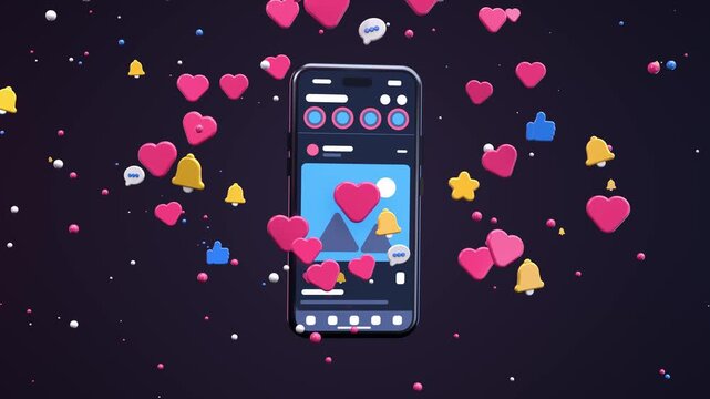 Social media notifications burst around a scrolling smartphone interface, 3D animation loop for engagement and digital overload