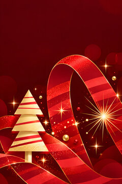 Red christmas ribbon and abstract tree with sparkles on burgundy background, christmas tree red, and gold background