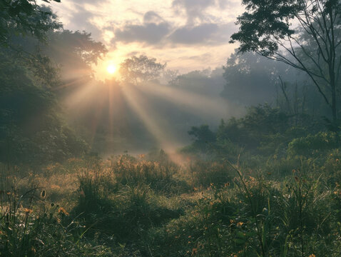 Misty morning forest landscape with golden sun rays beaming through misty trees and wild meadow, serene nature sunrise photography, sunbeams falling on green grass outdoor countryside scene