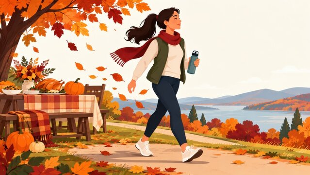 Young woman walking outdoors holding water bottle past thanksgiving picnic table with autumn leaves falling around landscape