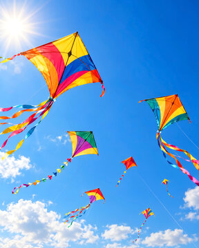 Colorful kites flying with ribbon tails in a bright blue sky with sunshine for Makar Sankranti