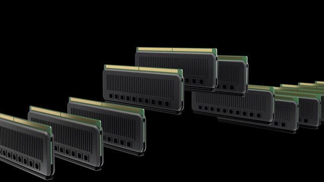 RAM modules flow in an endless stream, 3D animation loop for PC gaming, AI data centers and global memory shortage