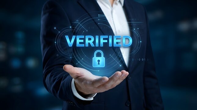 Ensuring digital trust a business professional presents a glowing 'verified' lock symbolizing cybersecurity and data protection in modern technology