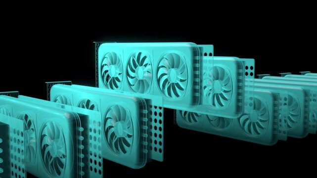 Graphics cards with spinning fans, 3D animation loop that can represent gaming hardware, AI computing, GPU demand and supply shortage