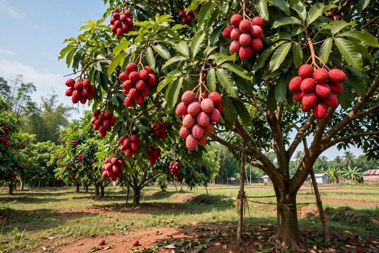 Litchi tree full of ripe red litchis in Bangladesh orchard
