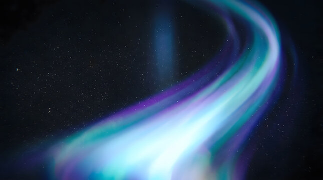 Abstract swirling aurora borealis light trails in vivid teal, purple, and white hues against a deep black background, creating a dynamic and ethereal mood with soft motion blur, ideal for digital art