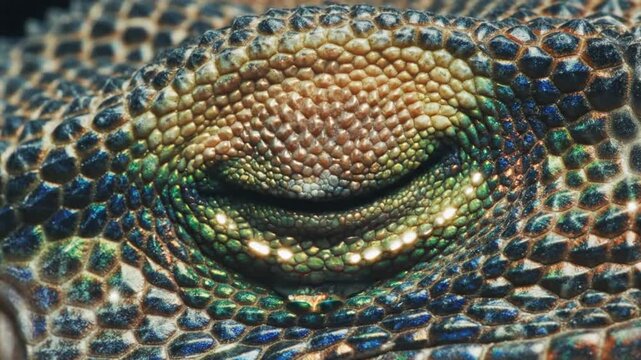Extreme close up of a chameleon eye blinking showing the colorful intricate texture and detail of the reptile scales