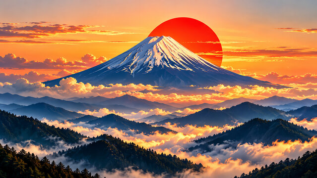 Snowcapped volcanic mountain rising above a sea of clouds with a giant red sun during sunrise