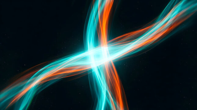 Abstract glowing light trails in vibrant cyan and orange hues crossing a deep black background with dynamic motion blur creating an energetic futuristic mood ideal for technology backgrounds