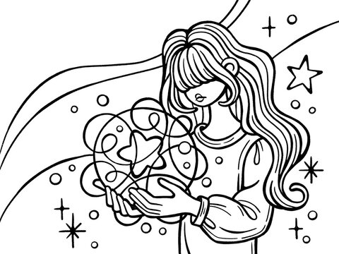 Mental health awareness line art drawing of a sad woman holding a tangled star of hope in mind chaos. Concept of inner healing, anxiety, psychology and emotional struggle on transparent background.