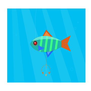 Cartoon fish with fishing hook illustration in a blue underwater scene