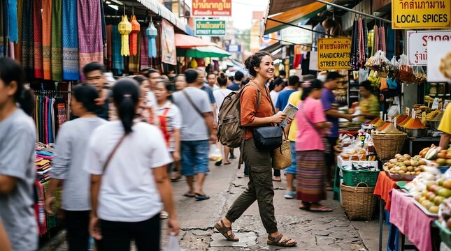 Young Woman Smiling While Exploring a Bustling Outdoor Market