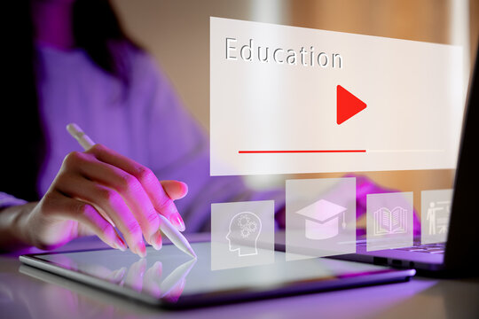 Concept of Online education. man use Online education training and e-learning webinar on internet for personal development and professional qualifications. Digital courses to develop new skills.
