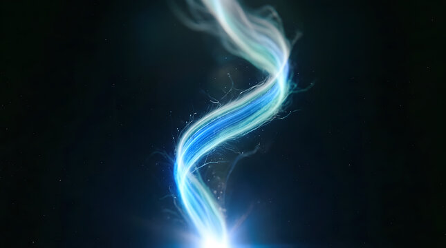 A luminous blue and white electric plasma stream spirals upward against a deep black background, creating a dramatic abstract composition with intense glowing light, perfect for science, technology