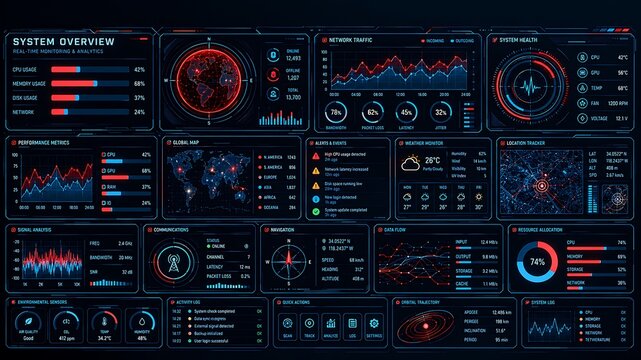 Futuristic command dashboard features a high-tech interface displaying glowing red and blue telemetry, wireframe globes, radar scans, and signal data