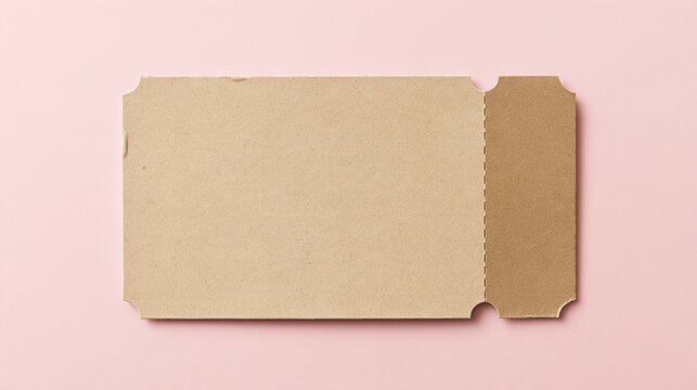 Blank ticket made of kraft paper with a perforated stub, featuring a textured matte finish on a pink background for event mockup and design