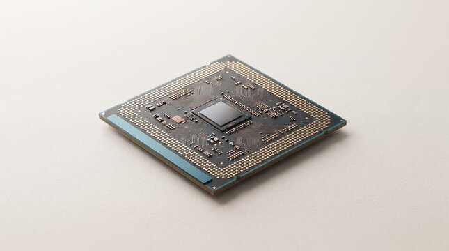 Advanced computer microprocessor chip resting on neutral white surface background