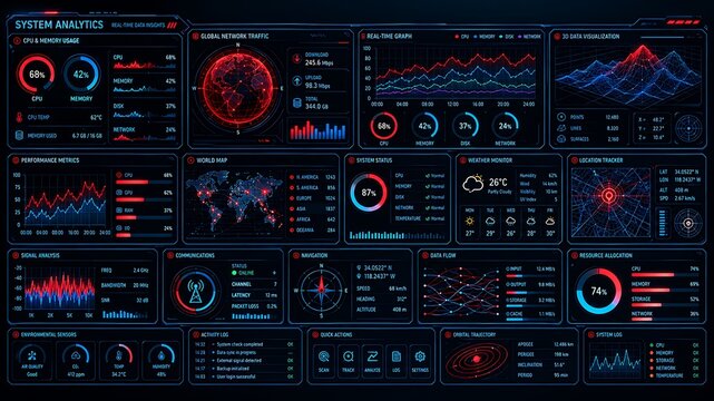 Futuristic command dashboard features a high-tech interface displaying glowing red and blue telemetry, wireframe globes, radar scans, and signal data.