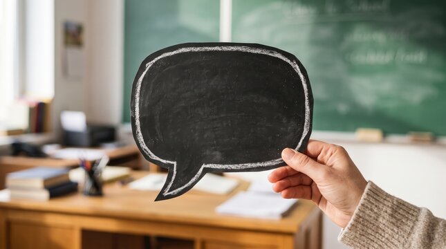 A hand holding a black speech bubble blackboard with chalk outline, classroom in the background