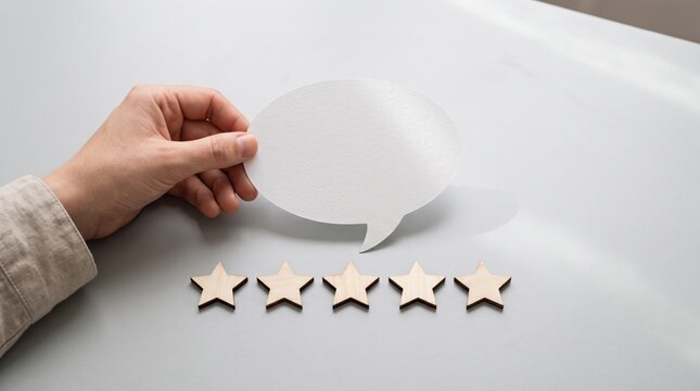 Hand holding a blank speech bubble next to five wooden stars on a grey background, symbolizing customer review and feedback concepts