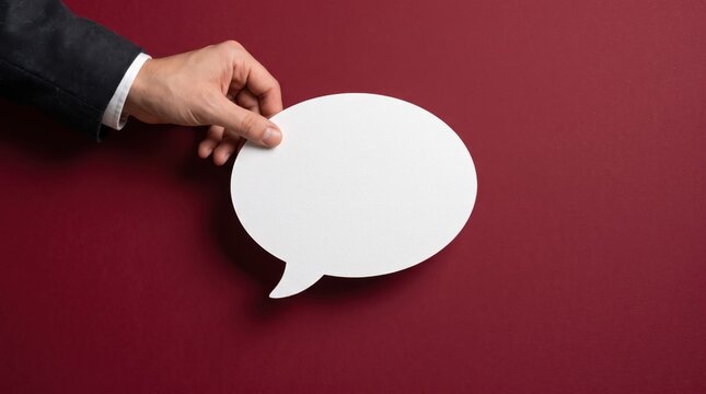 Hand holding a blank white speech bubble on a dark red background