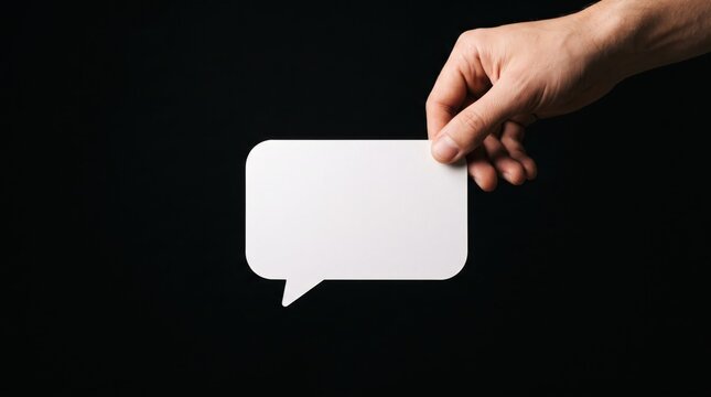 A hand holding a blank white speech bubble against a black background
