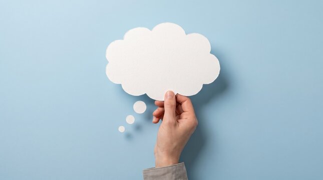 A person holding up a blank white thought bubble against a light blue background