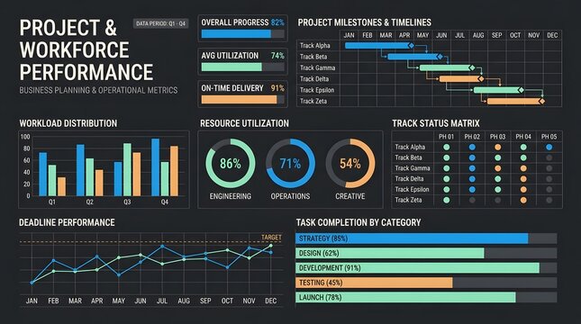 Project Workforce Performance Dashboard with Progress Charts and