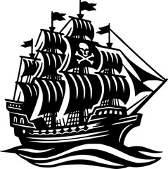 Vintage Pirate Ship Sailing on Sea Vector Silhouette © Diente