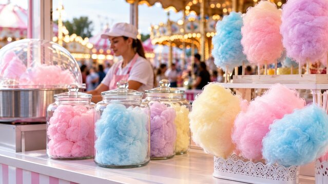 Colorful pastel cotton candy display at a bustling carnival concession stand with jars, sticks and carousel lights