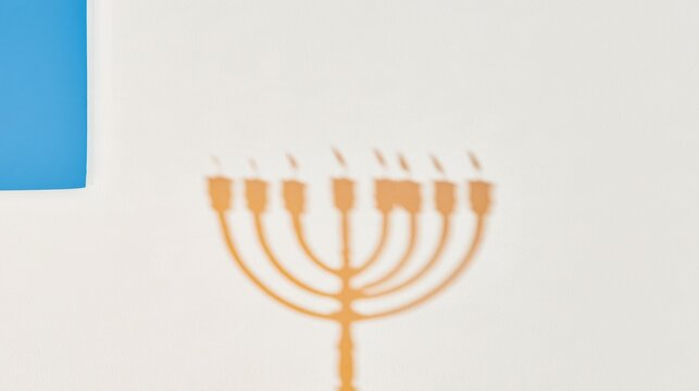 Shadow of a Hanukkah menorah cast on a textured white wall by a window, a quiet and glowing festive background with copy space