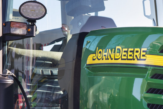 Bednary, Poland - September 21, 2024: Agroshow. John Deere brand tractor machine. Manufacturer agricultural equipment. Detail and part of vehicle