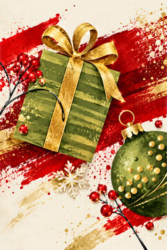 Watercolor christmas with a green gift box, gold ribbon bow, ornament, and red berries on a textured background