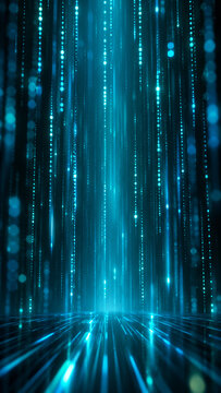 Vertical Digital Data Matrix Rain and Glowing Light Stream Background