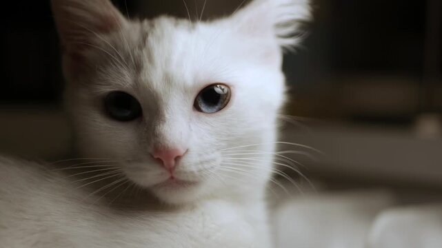 Closeup Portrait of White Cat with Big Blue and Green Eyes.