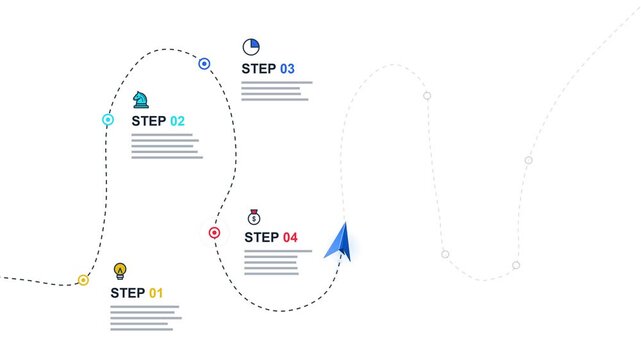 Animated 8 step business roadmap infographic. A paper plane flies along a winding dashed path, activating colorful milestone nodes while icons, step t.