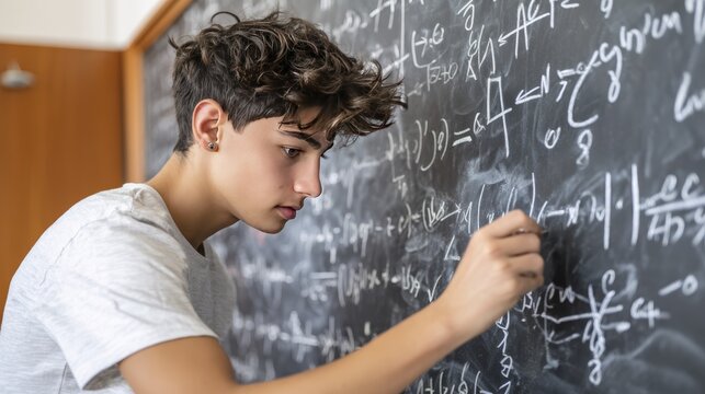 Focused teen solving complex math problems on a classroom blackboard