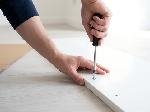 Person using Phillips screwdriver to assemble furniture, screwing in metal fastener on white particle board, close-up hands detail.