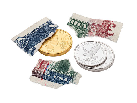 Gold silver coins torn fiat money isolated on black representing wealth preservation against inflation. Physical precious metals contrasting with shredded paper cash representing financial crisis conc