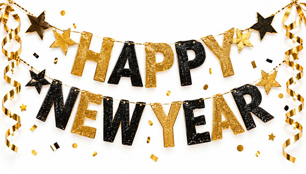 Happy New Year glitter banner with sparkling black and gold letters, hanging stars, golden confetti and curling ribbons on a clean white background, elegant festive celebration decoration