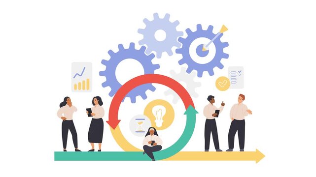 Agile scrum methodology concept builds around a business team with circular arrows, rotating gears, a target, checklist and glowing lightbulb, isolated on white background animated illustration