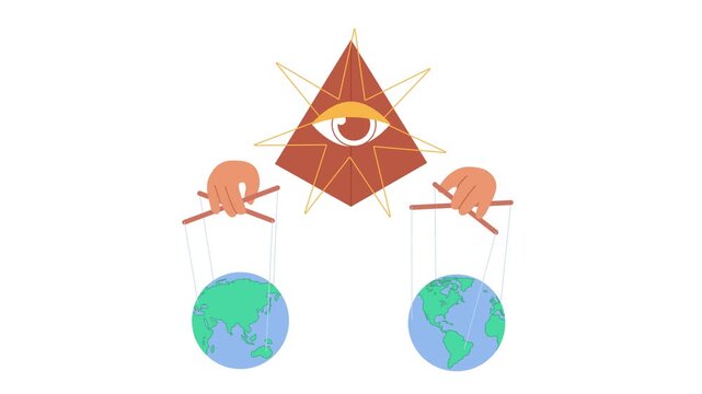 Conspiracy theory concept of global manipulation, showing hands moving two Earth globes on puppet strings beneath an all-seeing eye pyramid, isolated on white background animated illustration