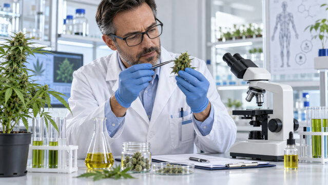 Scientist in lab examining a cannabis bud with tweezers and microscope, surrounded by glassware, jars, dropper bottles and potted cannabis plants