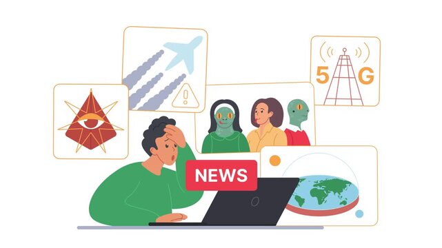 Conspiracy theory concept with an overwhelmed man at his laptop as chemtrails, reptilians, 5G and flat earth news panels appear around him, isolated on white background animated illustration
